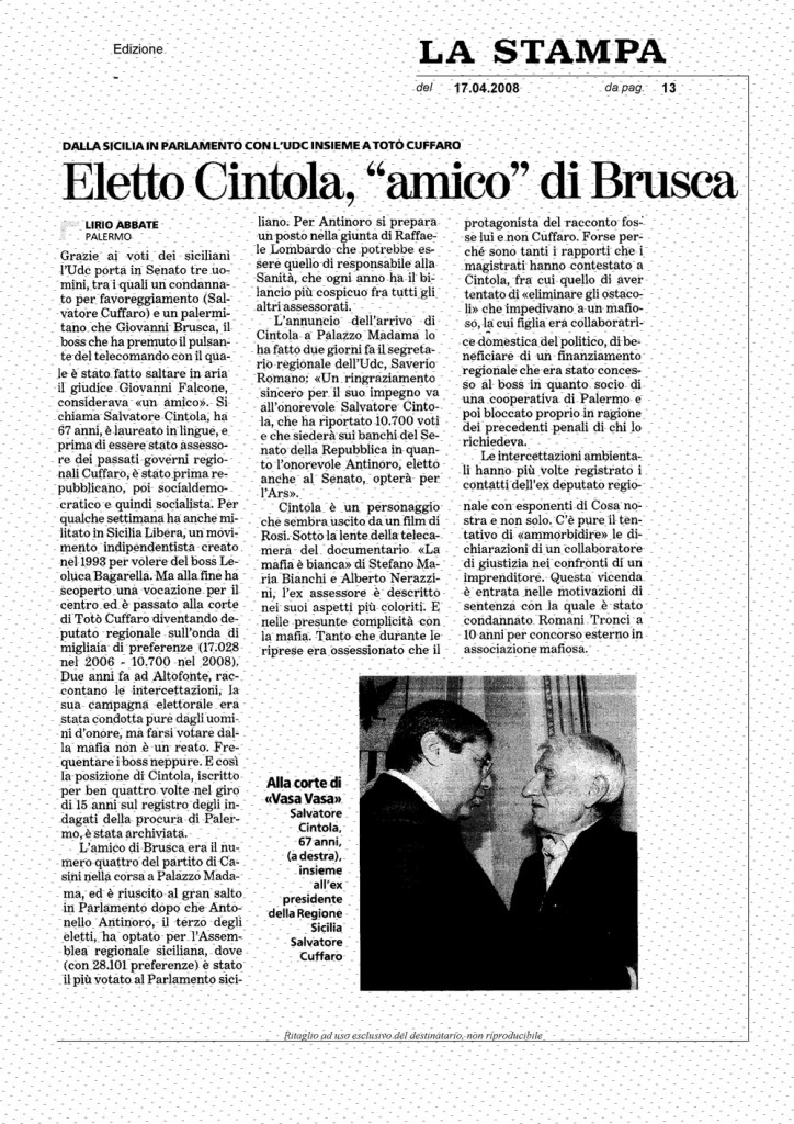 Eletto Cintola, «amico» di Brusca