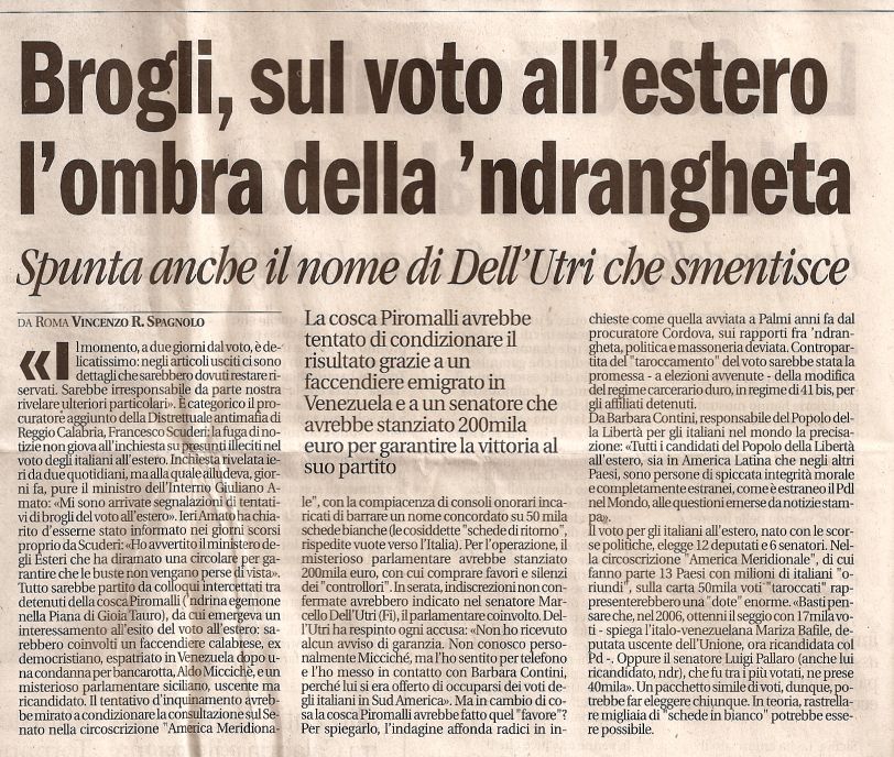 Brogli, sul voto all’estero l’ombra della ‘ndrangheta