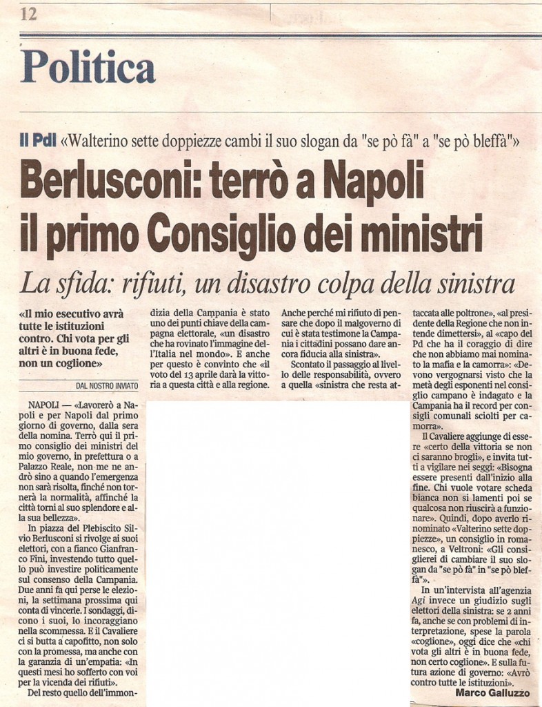 Berlusconi: terrò a Napoli il primo consiglio dei ministri