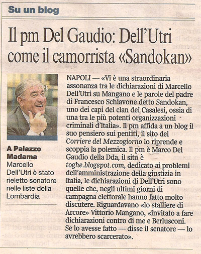 Il pm Del Gaudio: Dell’Utri come il camorrista «Sandokan»