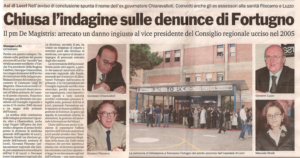 Chiusa l’indagine sulle denunce di Fortugno