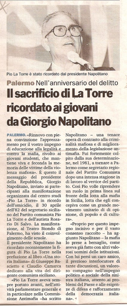 Il sacrificio di La Torre ricordato ai giovani da Giorgio Napolitano