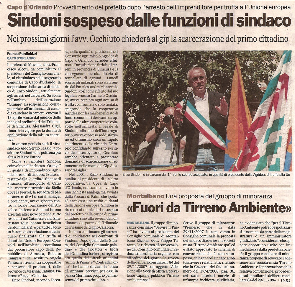 Sindoni sospeso dalle funzioni di sindaco