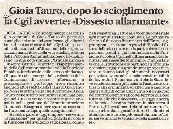 Gioia Tauro, dopo lo scioglimento la Cgil avverte: «Dissesto allarmante»