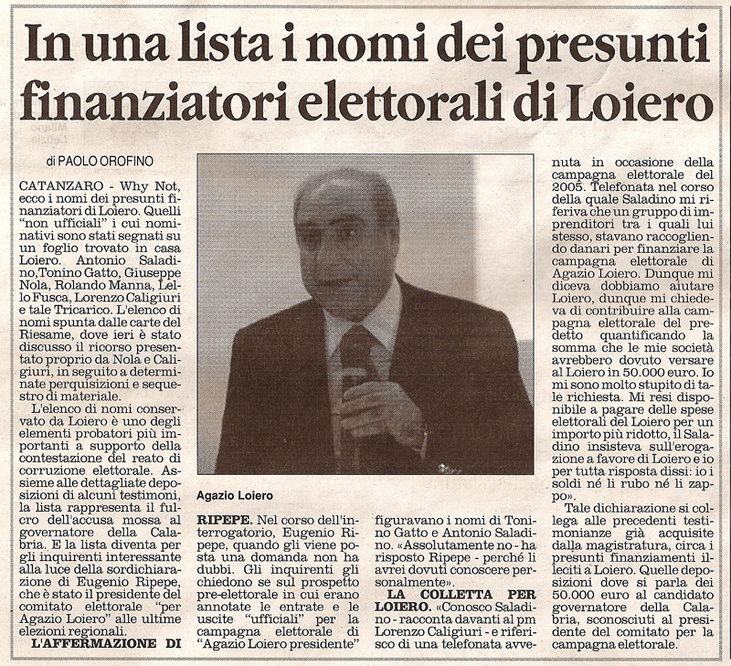 In una lista i nomi dei presunti finanziatori elettorali di Loiero