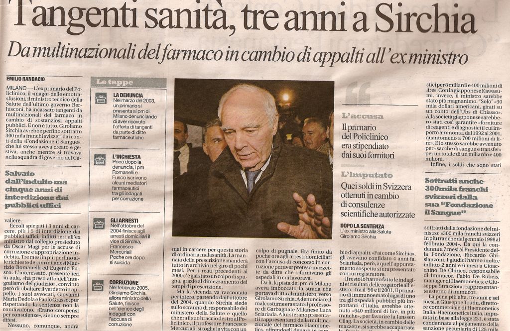 Tangenti sanità, tre anni a Sirchia