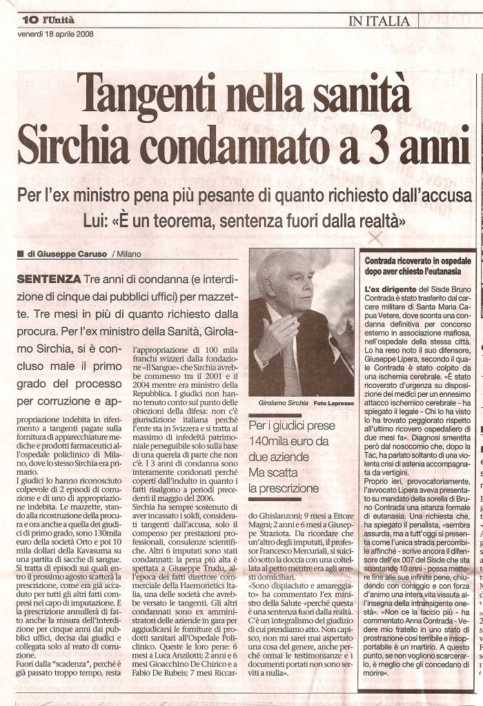 Tangenti nella sanità. Sirchia condannato a 3 anni