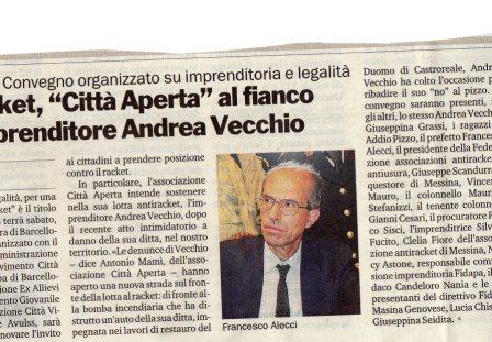 Racket, Città aperta al fianco dell’imprenditore Andrea Vecchio