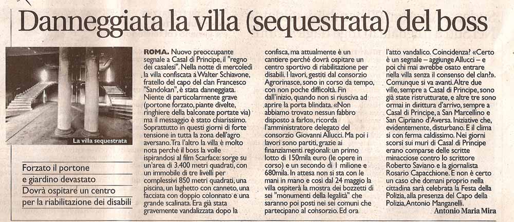 Danneggiata la villa (sequestrata) del boss