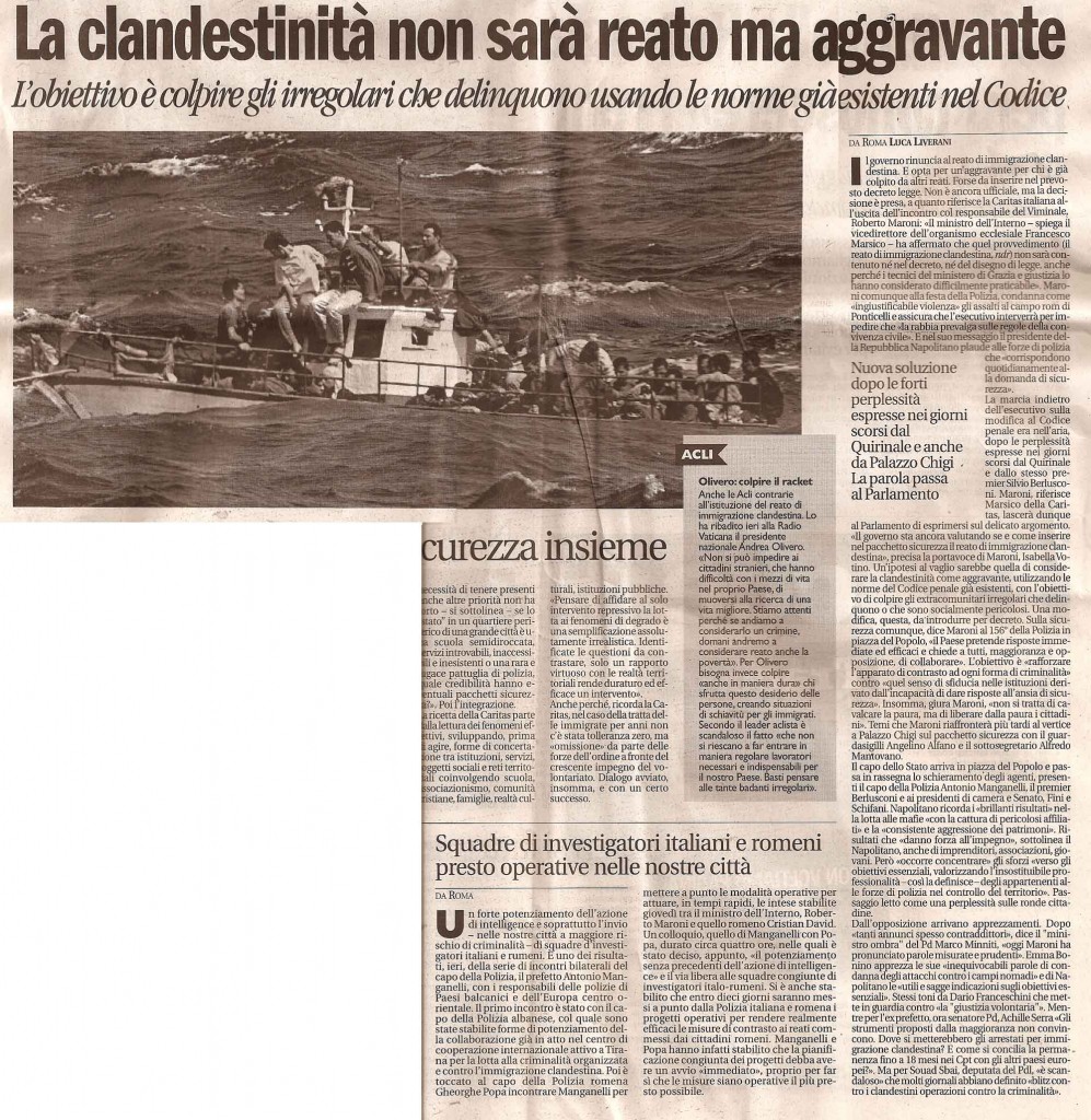 La clandestinità non sarà reato ma aggravante