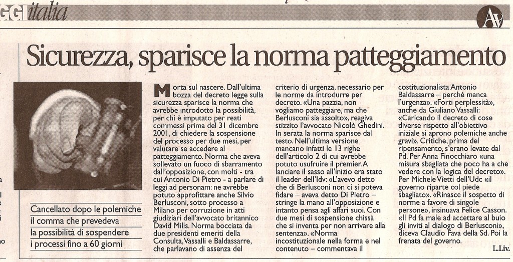 Sicurezza, sparisce la norma patteggiamento