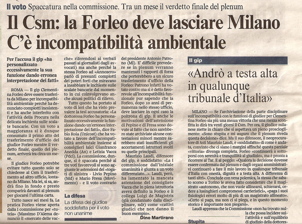 Il Csm: la Forleo deve lasciare Milano. C’è incompatibilità ambientale