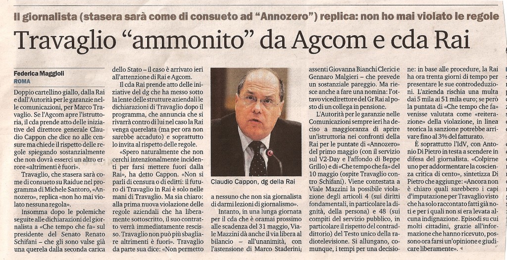 Travaglio ammonito da Agcom e cda Rai