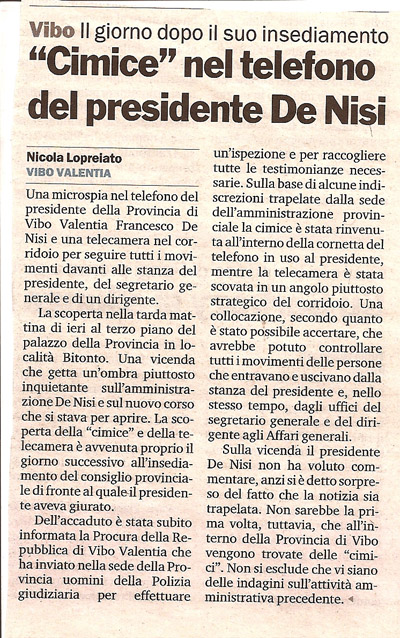 “Cimice” nel telefono del presidente De Nisi