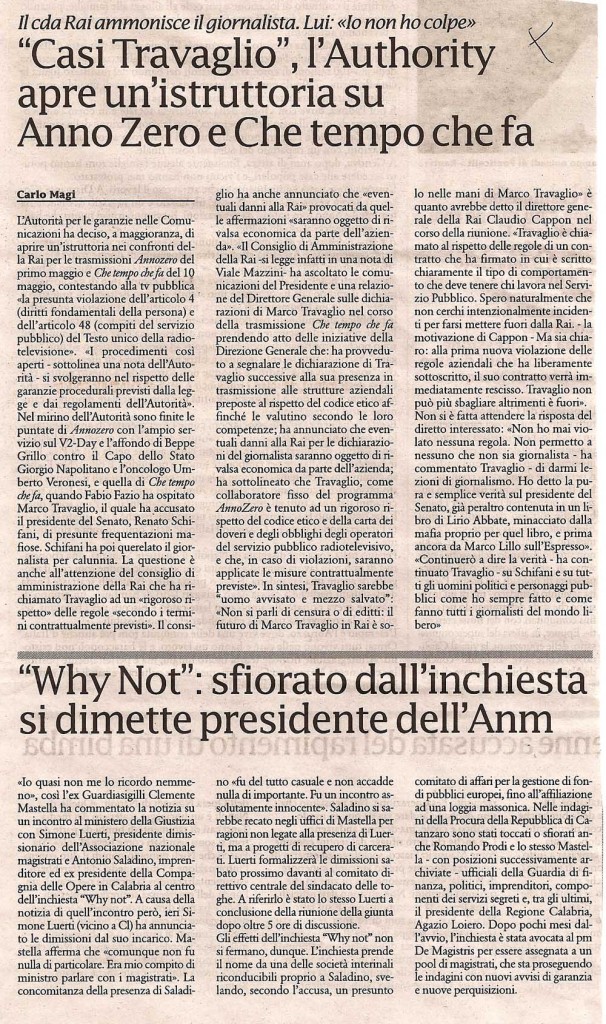 ‘Casi Travaglio’ l’Autority apre un’istruttoria su Anno Zero e Che tempo che fa