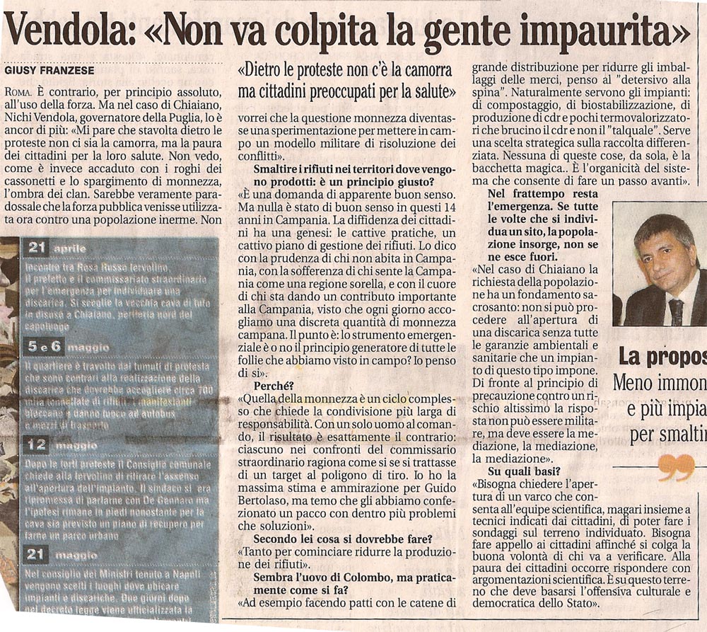 Vendola:«Non va colpita la gente impaurita»