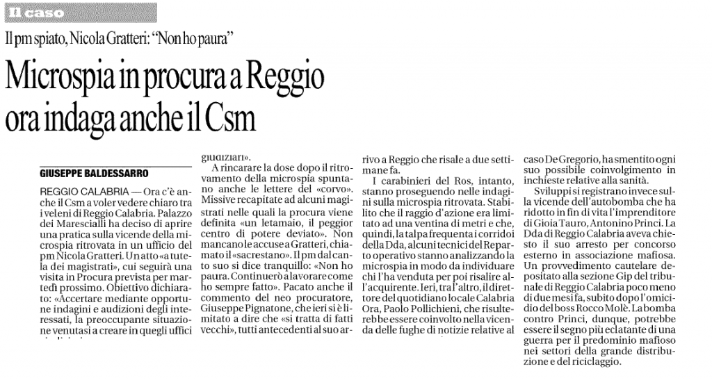 Microspia in procura a Reggio, ora indaga anche il Csm
