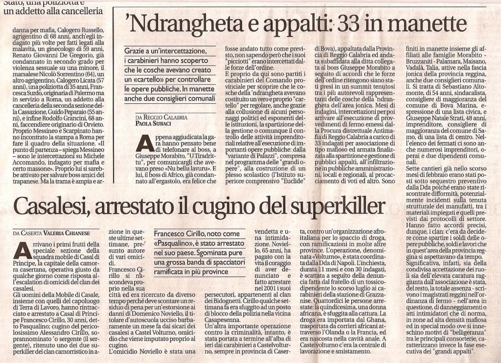 ‘Ndrangheta e appalti, 33 in manette / Casalesi, arrestato cugino del superkiller