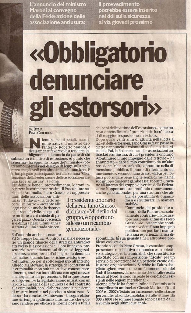 «Obbligatorio denunciare gli estorsori»