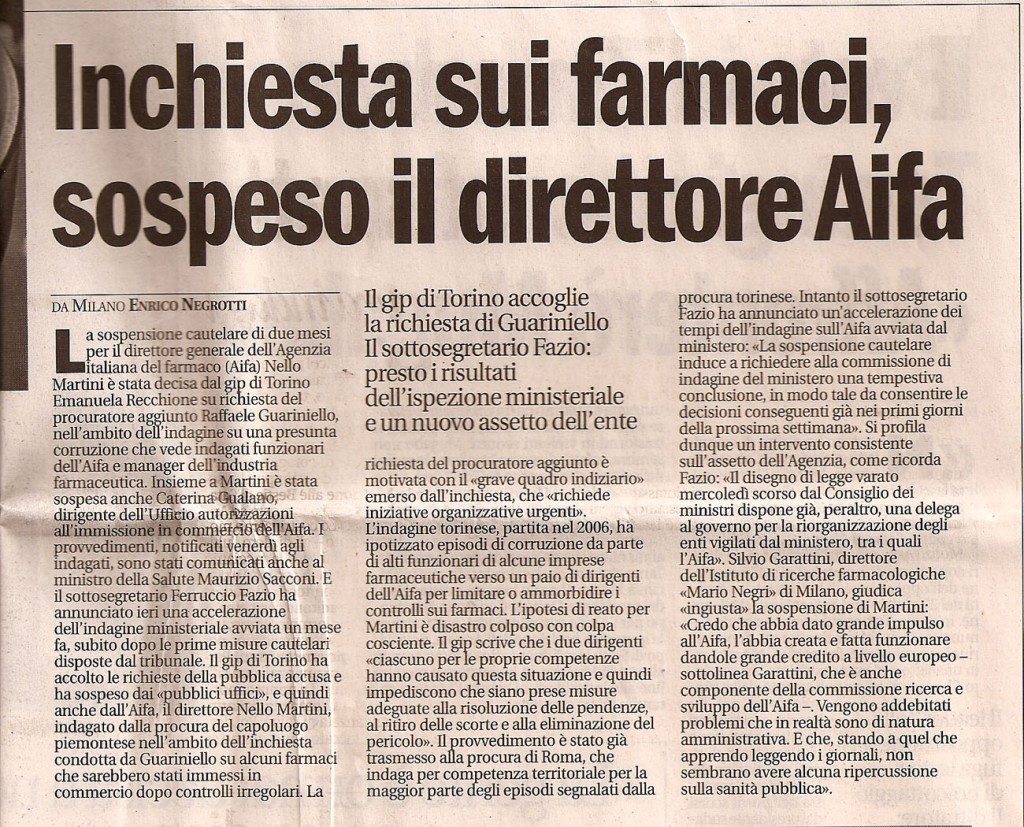 Inchiesta sui farmaci, sospeso il direttore Aifa