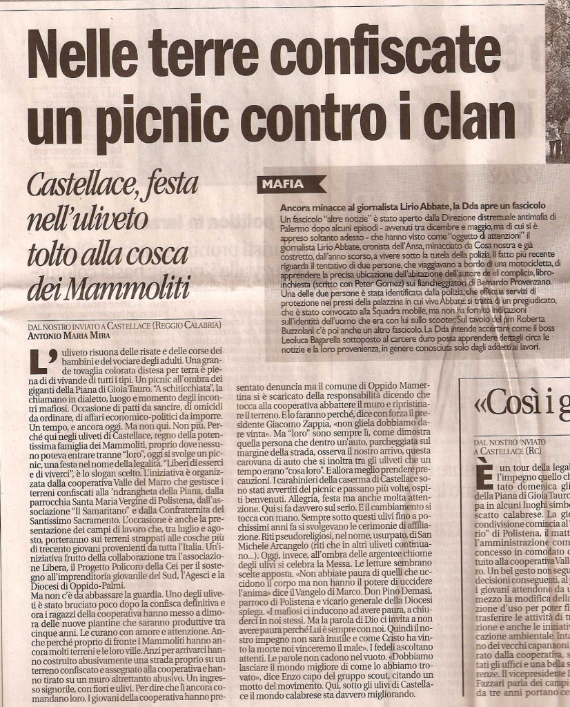 Nelle terre confiscate un pic-nic contro i clan