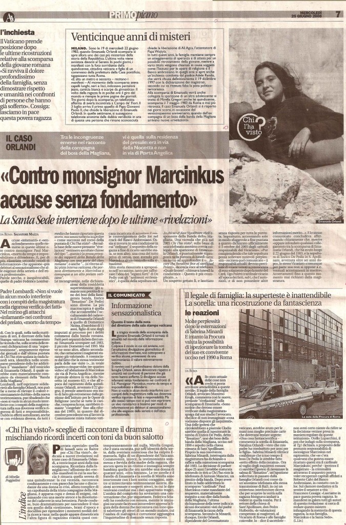 «Contro monsignor Marcinkus accuse senza fondamento»