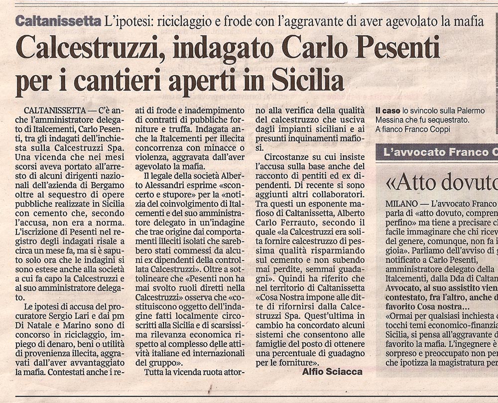 Calcestruzzi, indagato Carlo Pesenti per i cantieri aperti in Sicilia