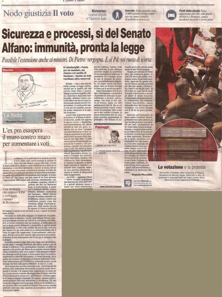 Sicurezza e processi, si del Senato. Alfano: l’immunità, pronta la legge