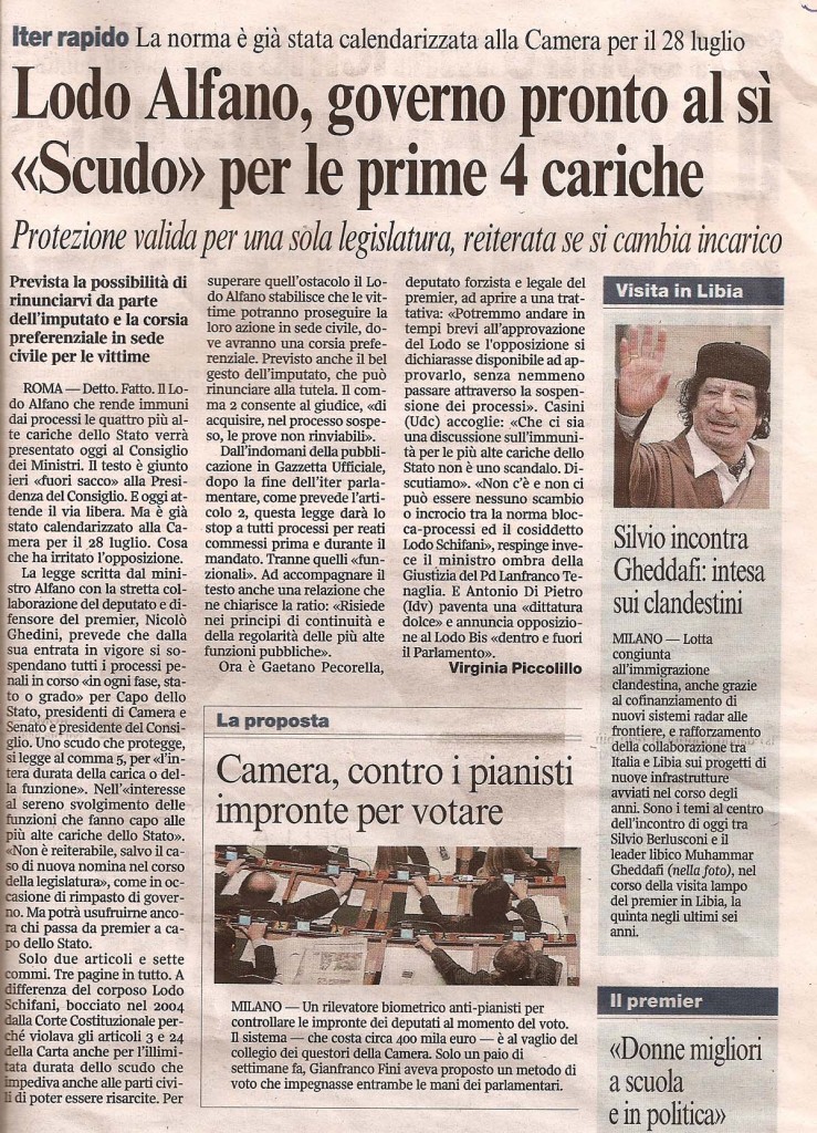 Lodo Alfano, governo pronto al si, «scudo» per le prime 4 cariche