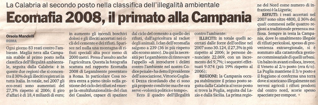 Ecomafia 2008, il primato della Campania