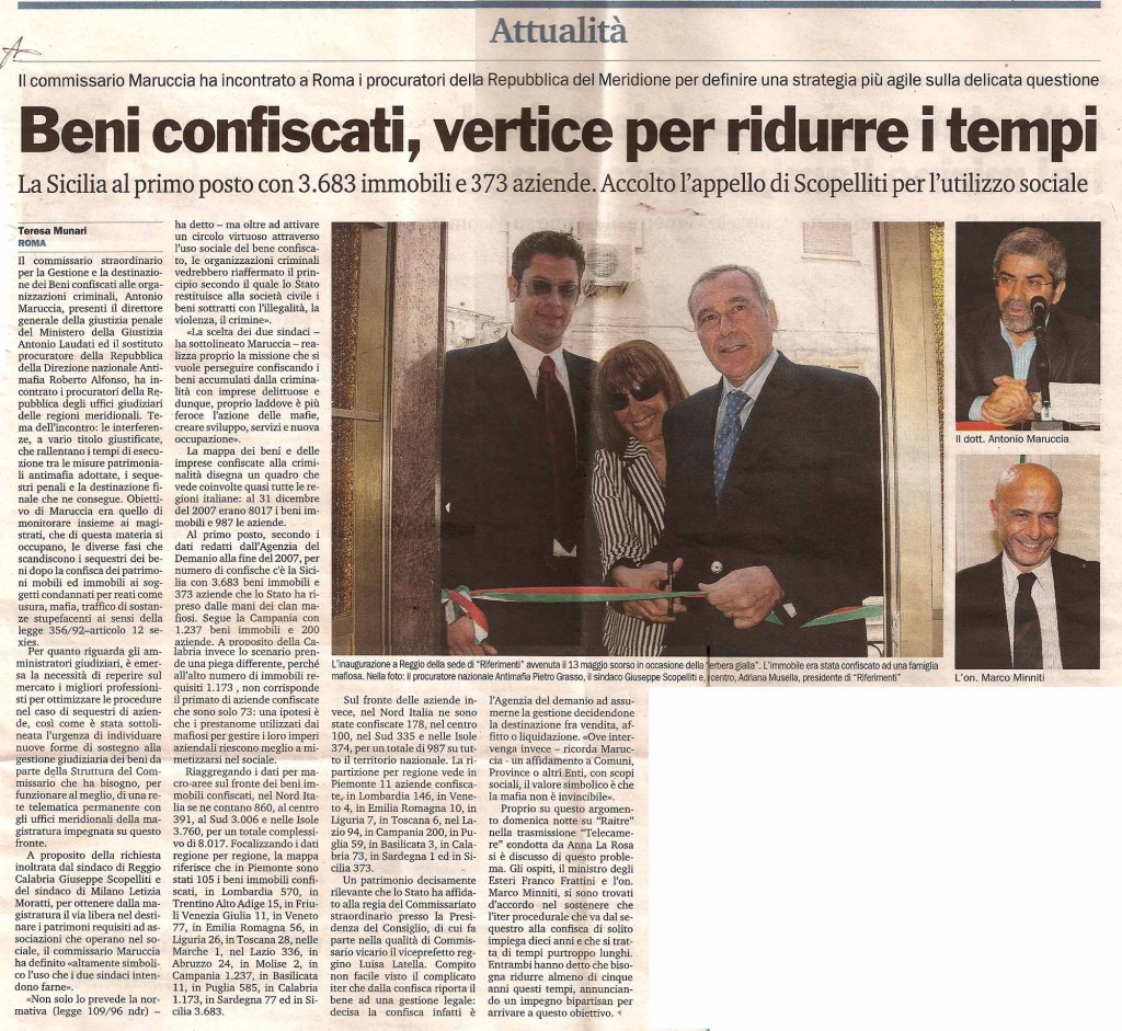 Beni confiscati, vertice per ridurre i tempi