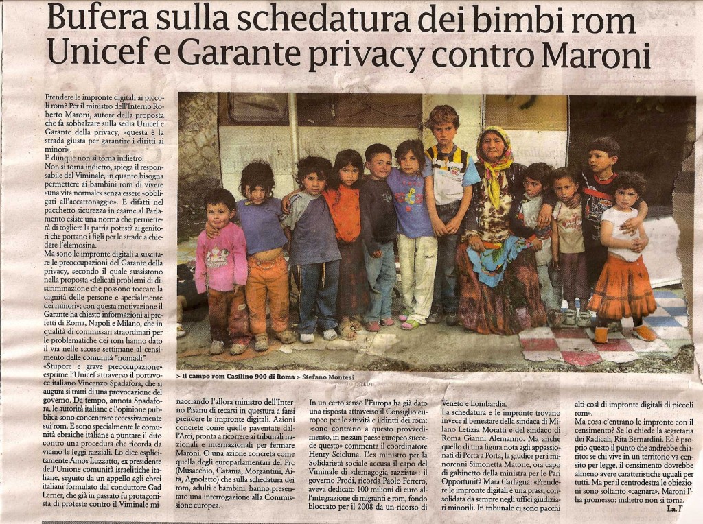 Bufera sulla schedatura dei bimbi rom