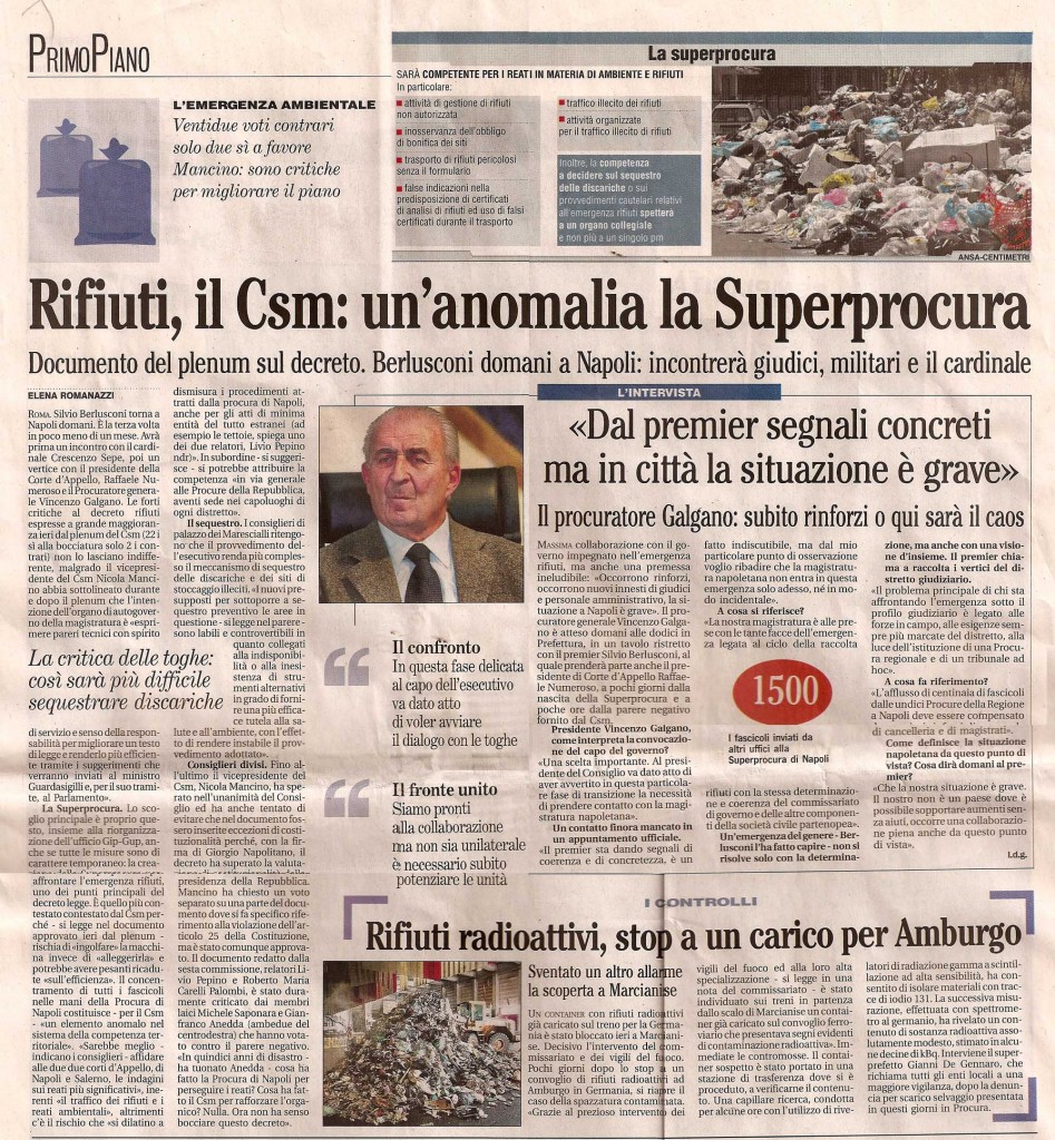 Rifiuti, il Csm: un’anomalia la Superprocura