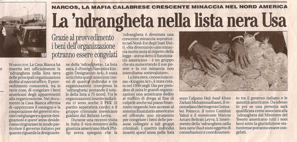 La ‘ndrangheta nella lista nera Usa