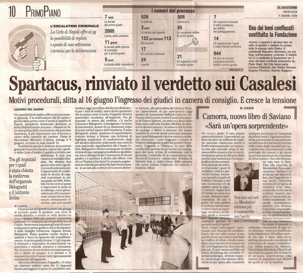 Spartacus, rinviato il verdetto sui Casalesi