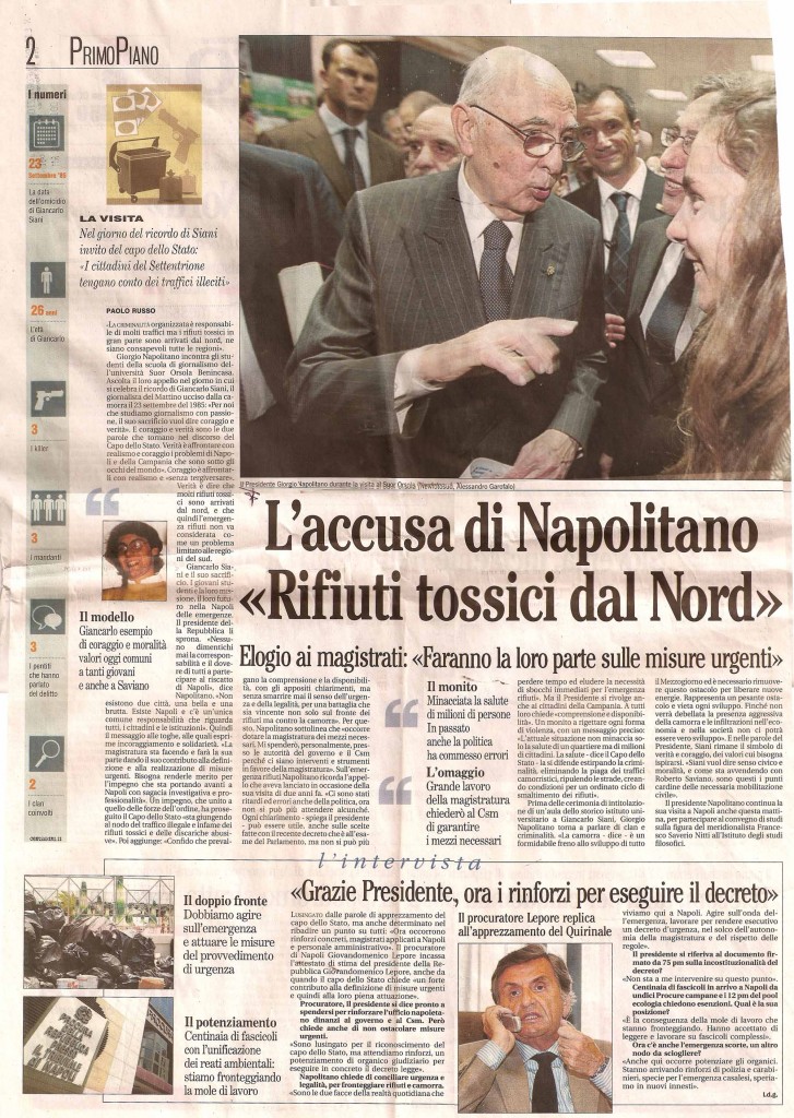 L’accusa di Napolitano «Rifiuti tossici dal Nord»