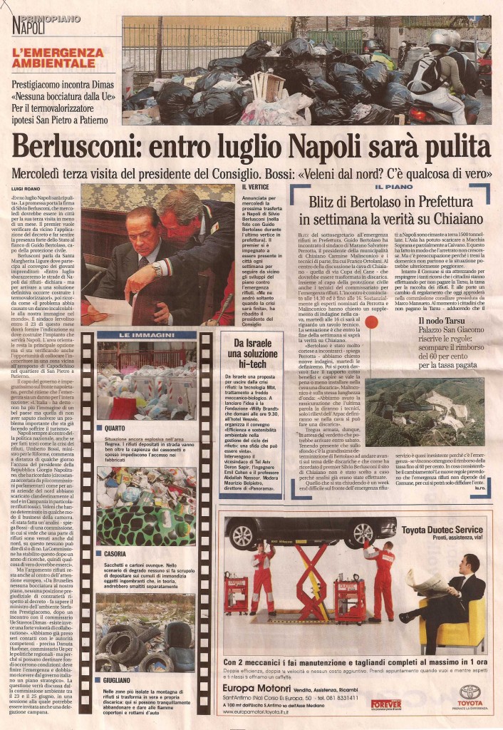Berlusconi: entro luglio Napoli sarà pulita