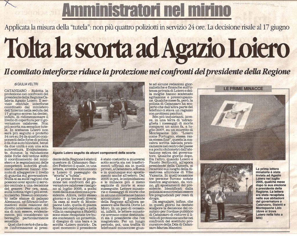 Tolta la scorta ad Agazio Loiero