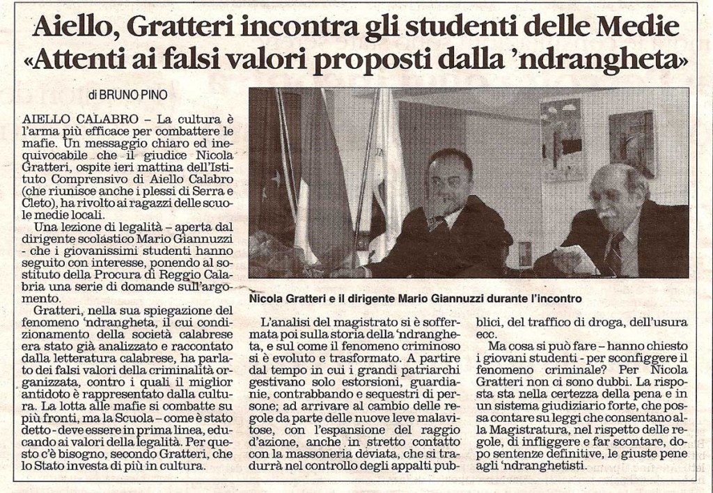 Aiello, Gratteri incontra gli studenti delle Medie «Attenti ai falsi valori proposti dalla ‘ndrangheta»