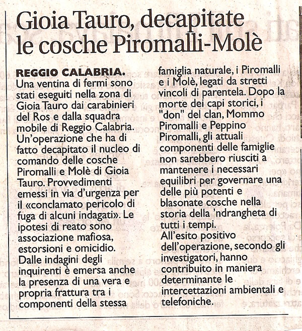 Gioia Tauro, decapitate le cosche Piromalli-Molè