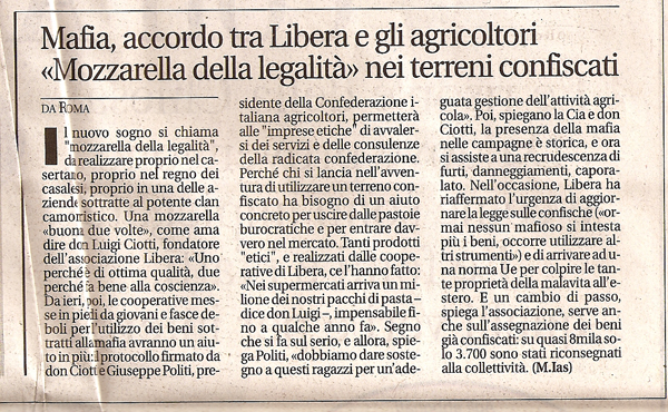 Mafia, accordo tra Libera e gli agricoltori