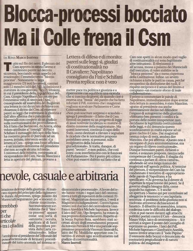Blocca-processi bocciatoMa il Colle frena il Csm