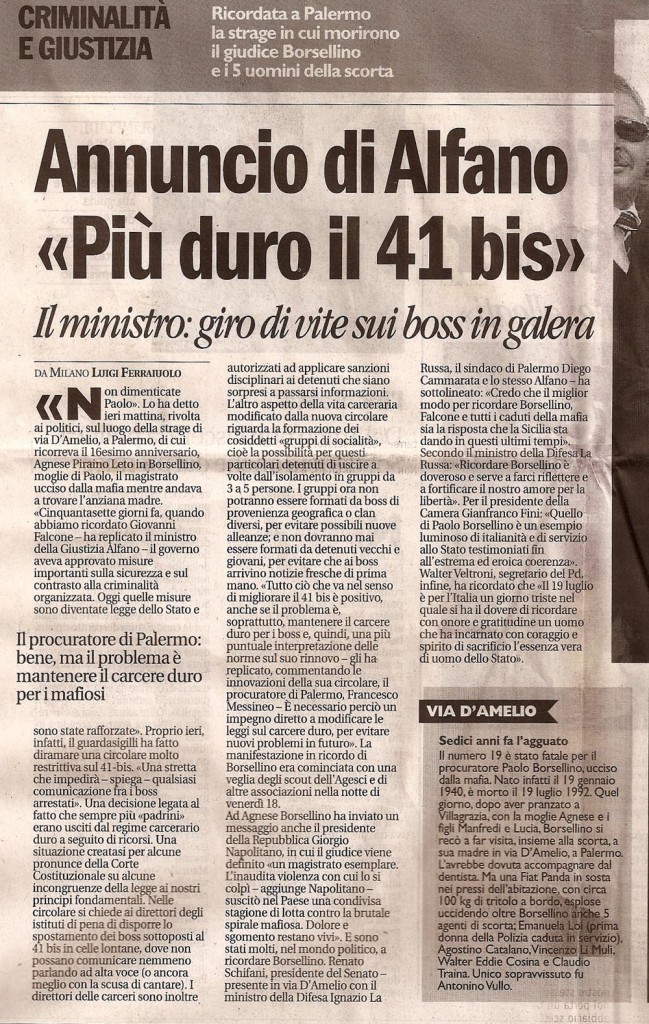 Annuncio di Alfano: “più duro il 41bis”