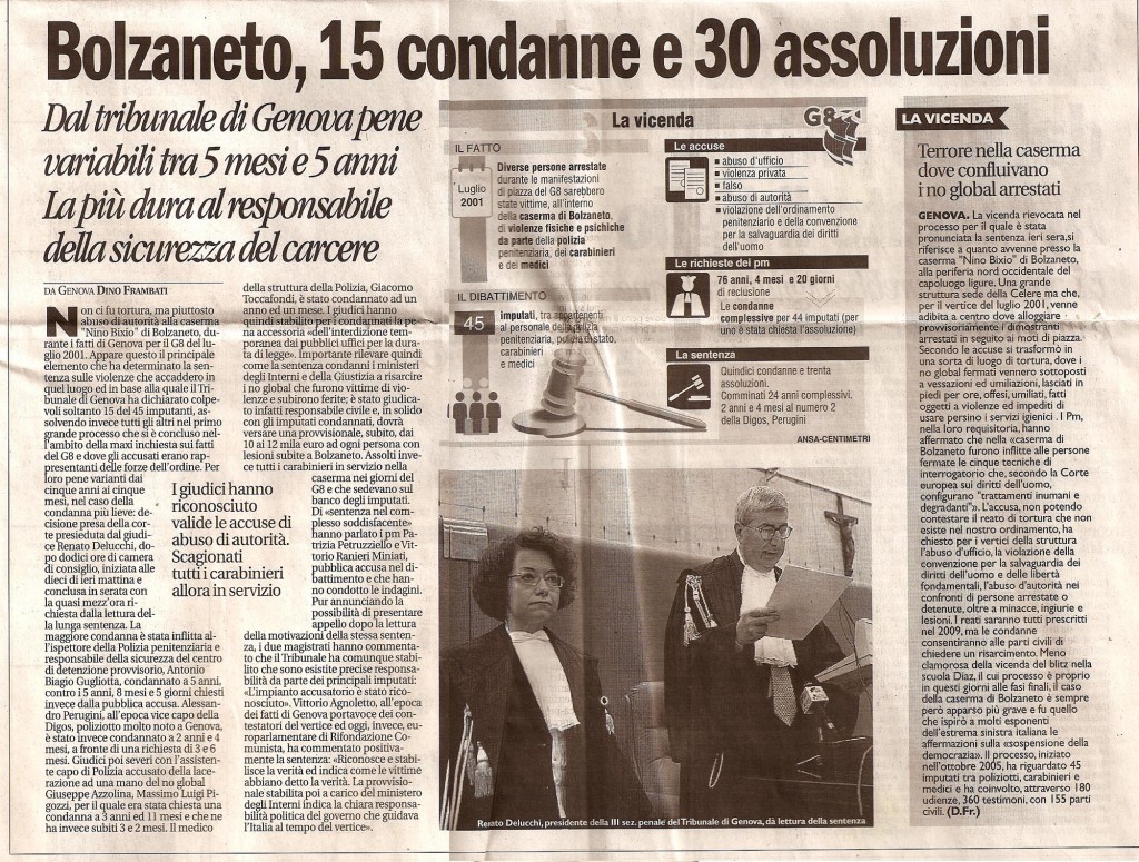 Bolzaneto, 15 condanne e 30 assoluzioni