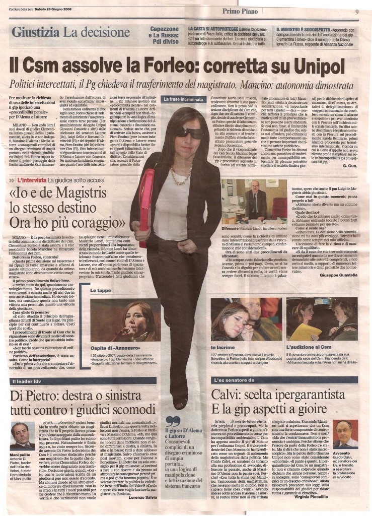 Il Csm assolve la Forleo: corretta su Unipol