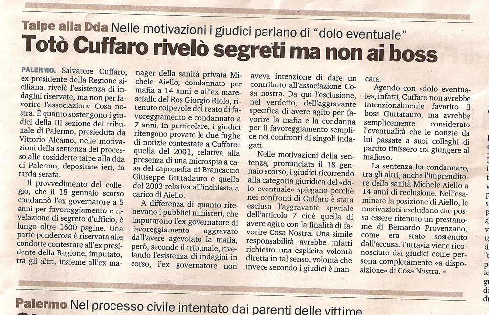 Totò Cuffaro rivelò segreti ma non ai boss