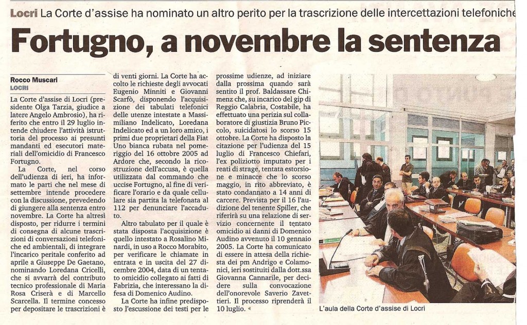 Fortugno, a novembre la sentenza