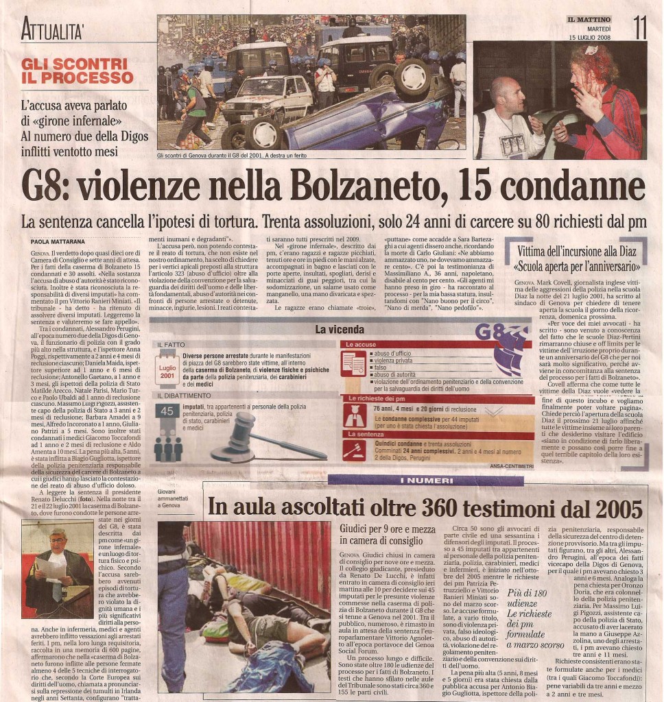 G8: violenze nella Bolzaneto, 15 condanne