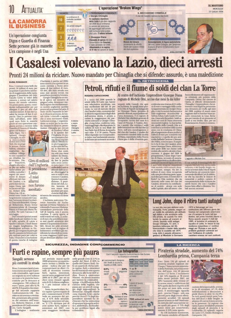 I Casalesi volevano la Lazio, dieci arresti