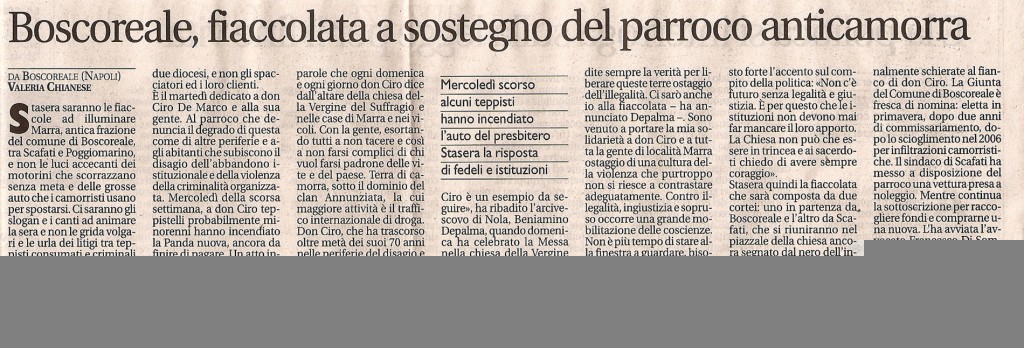 Boscoreale, fiaccolata a sostegno del parroco anticamorra